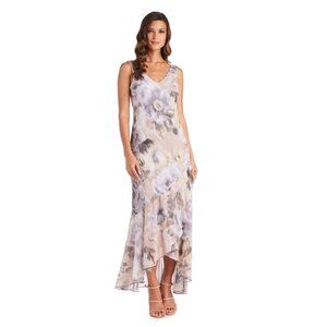 R&M Richards Sleeveless Floral Print Maxi Dress With Asymmetrical Ruffle Hem